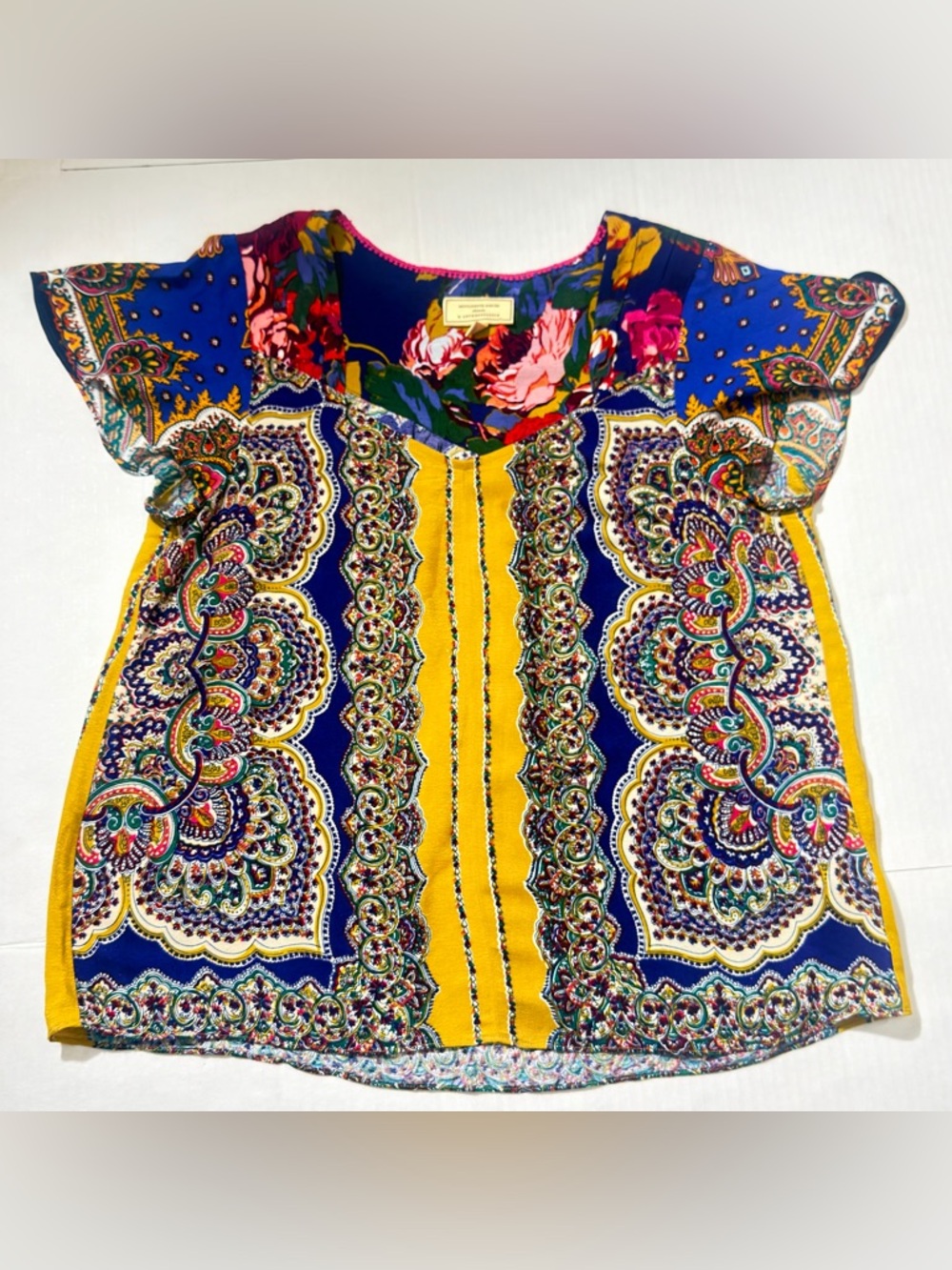 Anthropologie Paisley V-Neck Top in Yellow, Blue, and Purple - Picture 2 of 8